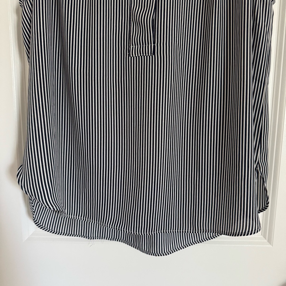 LOFT Ruffled Black and White Striped Sleeveless Blouse, SP - Picture 4 of 10